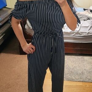 Navy Striped Off-Shoulder Jumpsuit